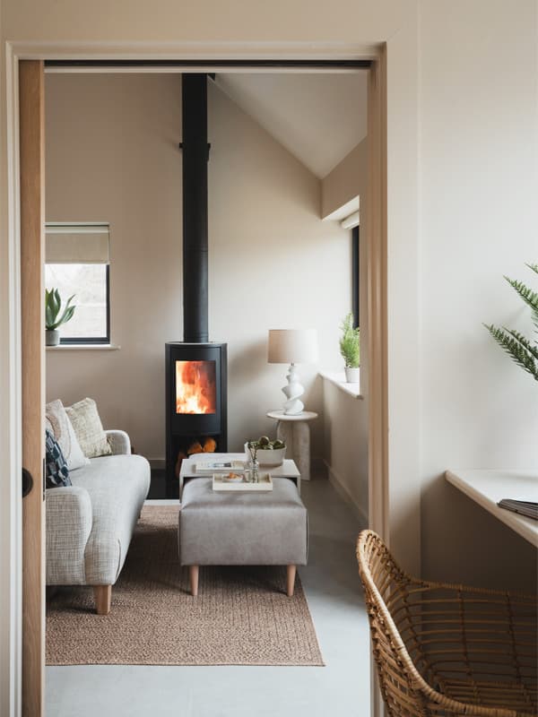 Log burner in eve barn, Longstones Avebury